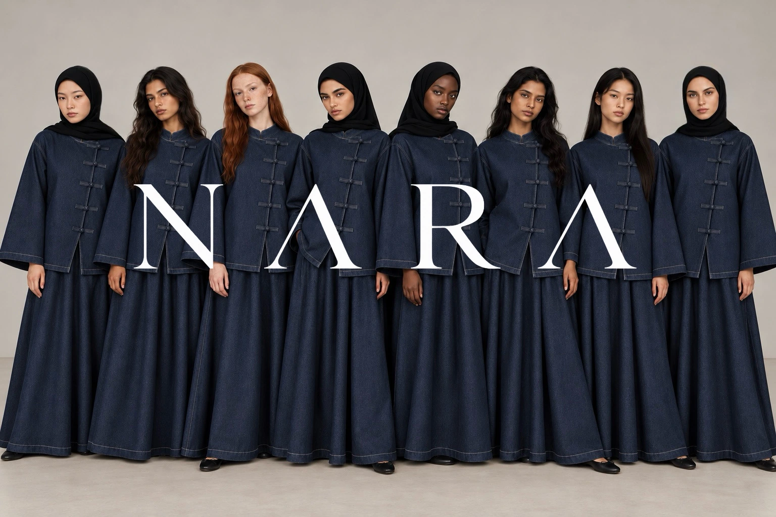 Des femmes portent l'Ensemble NARA en denim bleu brut