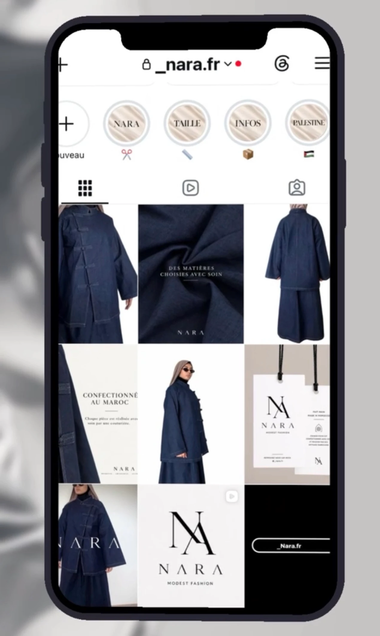 Aperçu du compte Instagram NARA sur un téléphone