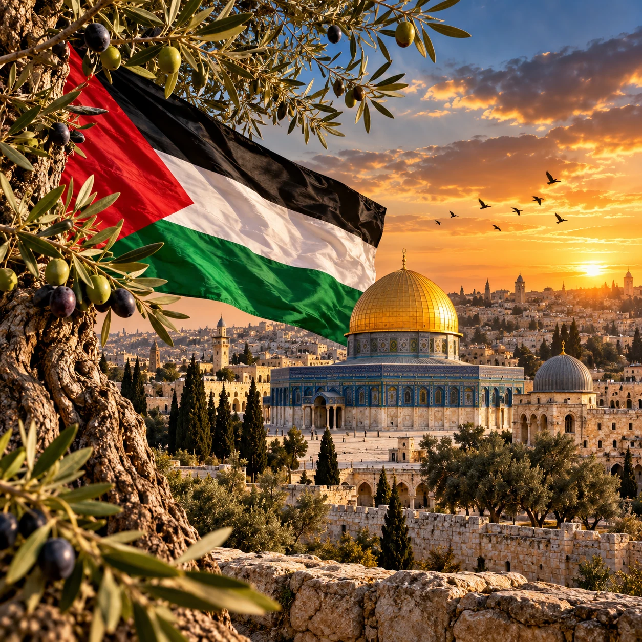 Le drapeau palestinien et des branches d'olivier devant l'esplanade des Mosquées à Jérusalem, au coucher du soleil